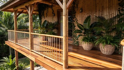 Naklejka premium Modern Sustainable Luxury Eco Resort Featuring Intricate Organic Bamboo Architecture With Tropical Jungle View From Private Balcony Terrace At Sunset, travel adventure background