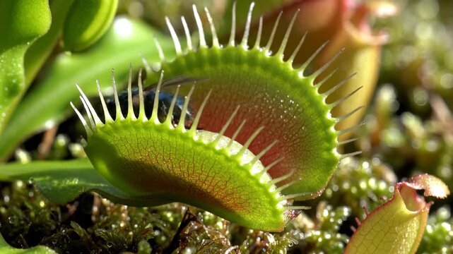 Close up of a green Venus flytrap capturing a blue fly with sharp teeth like cilia on a sunny day