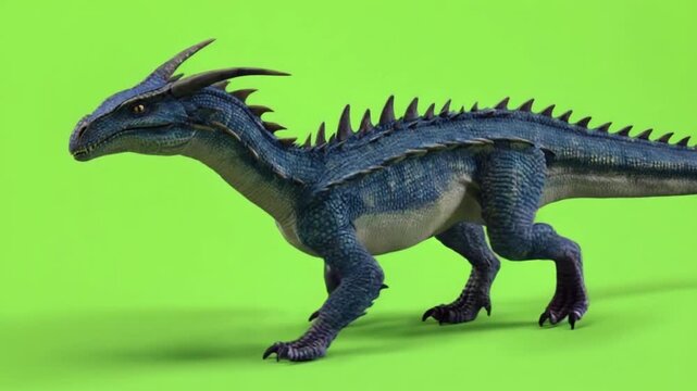 Stunning blue dinosaur with sharp spines on its back and tail standing on green background