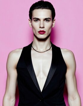 Retrato andr&oacute;gino con chaleco sastre negro y pecho descubierto sobre fondo rosa, moda contempor&aacute;nea