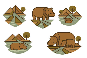 Stylized geometric collection of hippos in various poses near water, mountains, and trees