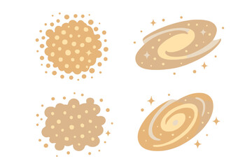 Abstract cosmic elements set featuring stylized galaxies and nebulas in warm beige tones