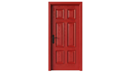 Red Wooden Panel Door with Black Handle on Transparent Background