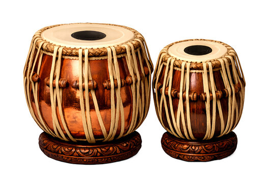 "Pair of Indian tablas displayed on a clear backdrop for a crisp presentation."