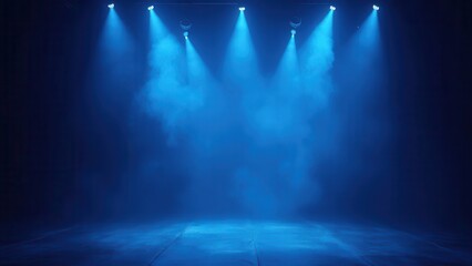 dark stage show with neon lights and spotlights on asphalt floor empty studio room with floating smoke dark blue background interior texture for product display with copy space banner 