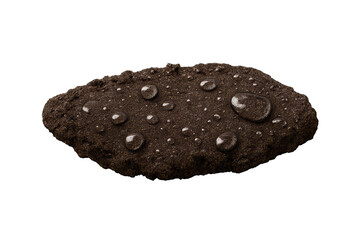 Close-up clump of wet soil with water droplets on a transparent background, showing moist dark earth texture and reflective beads of water