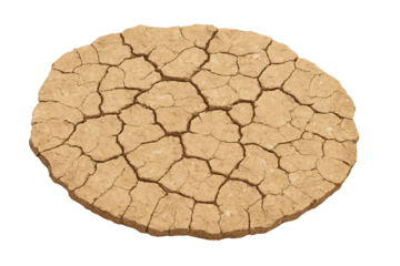 Circular dry cracked earth disk with polygonal fissures and parched mud texture, isolated on a transparent background
