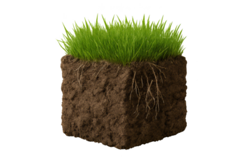 Cube of soil topped with dense green grass showing visible roots and a soil profile on a transparent background