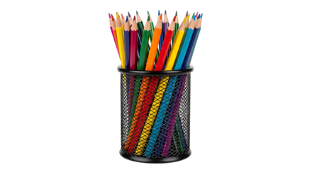 Colorful Pencils in Black Mesh Holder