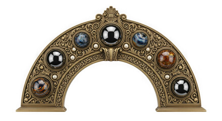 Fototapeta premium Ornate golden arch with embedded gemstones and pearls, elegant vintage decorative trim isolated on transparent background.