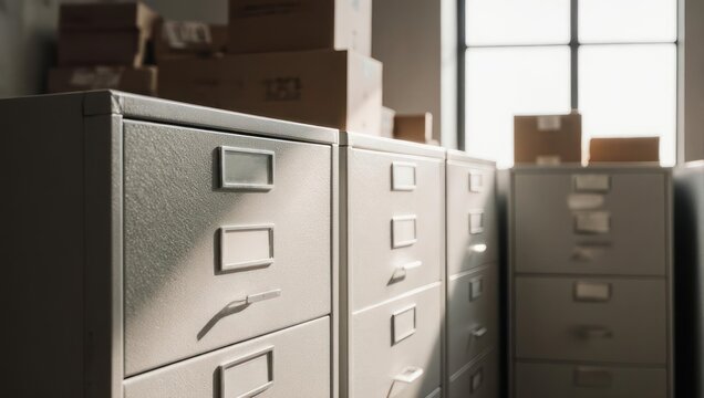 Office filing cabinets with boxes and a bright window.
