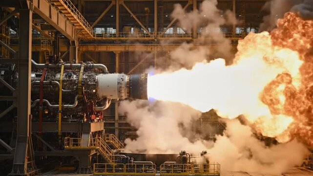 High Powered Jet Engine Test Firing in Industrial Facility Showcasing Flames, Smoke, and Advanced Aerospace Engineering Excellence
