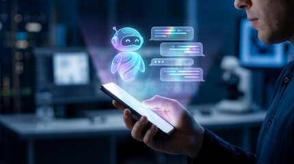 User interacts with holographic chatbot interface displaying futuristic message bubbles on a smartphone device