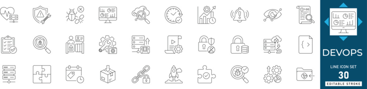 DevOps and software development line icon set featuring devops, development, software, technology, automation, cloud, integration, deployment, engineering, infrastructure editable vector set.
