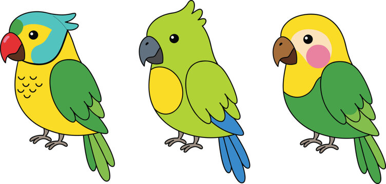 Cute parrot cartoon character vector set. Colorful tropical pet birds in simple flat style. Adorable parakeet illustrations for kids design, stickers, and branding.
