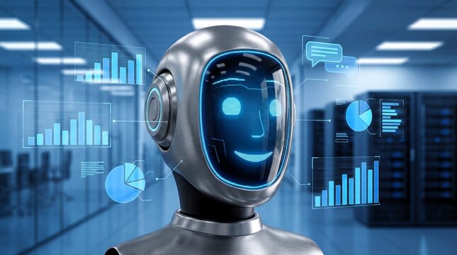 Friendly metallic robot head displaying glowing blue analytical charts and data visualizations - Powered by Adobe