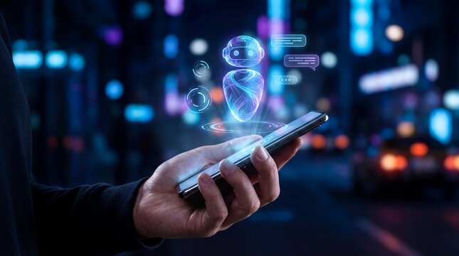 Hand holding a smartphone projecting a glowing holographic artificial intelligence chatbot interface