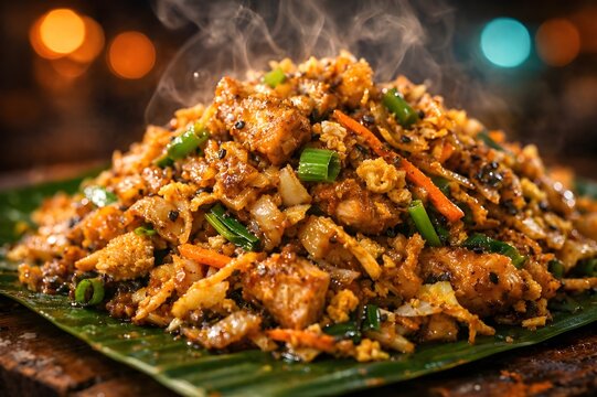 Spicy Sri Lankan Chicken Kottu Roti Street Food on Banana Leaf