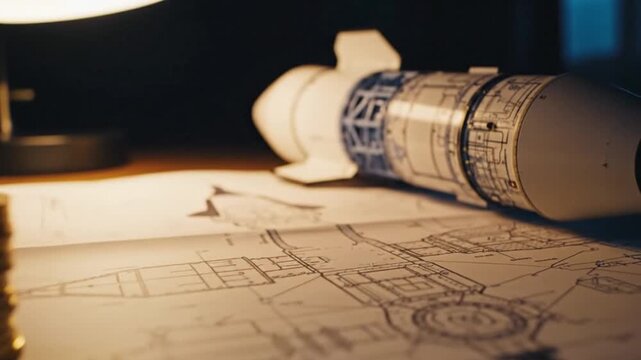 Creative Engineering Design Blueprint of Model Rocket on Wooden Table, Illuminated by Lamp, Symbolizing Investment in Innovation and Technology