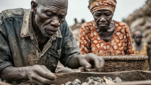 Senior African miners carefully sorting gold ore. Hard work in the African mines. Elderly couple working. Traditional mining process. Authentic African lifestyle shown. Determination and resilience.