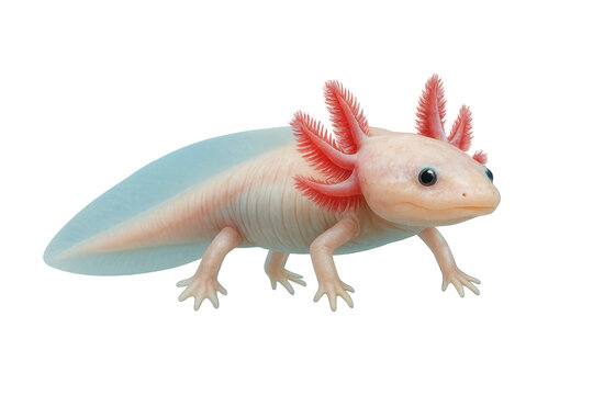 Leucistic axolotl with pink feathery external gills and pale blue tail photographed isolated on a transparent background