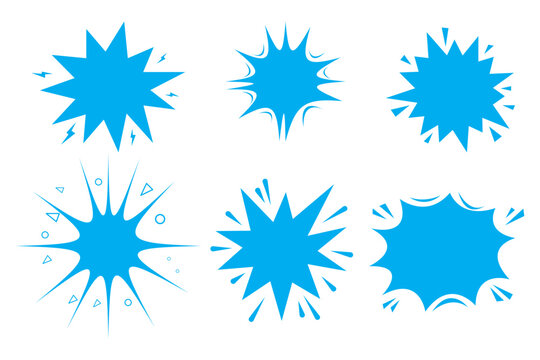 Collection of comic book style speech bubbles and explosion shapes in white, orange, and blue, set isolated on white background
