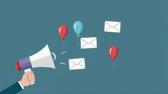Hand holding megaphone with red and blue balloons and white envelopes flying out against a teal background