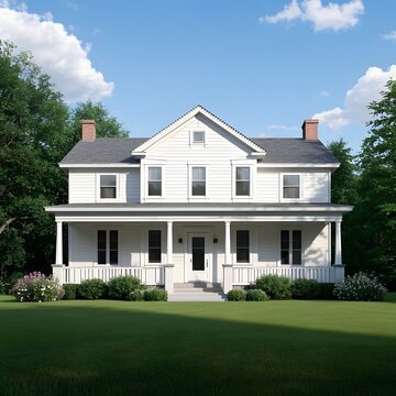 Charming white colonial style house with a wraparound porch and manicured lawn surrounded by lush green trees under a bright blue sky with white clouds
