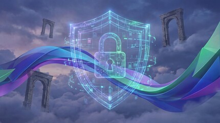 Futuristic shield with glowing lock floating amidst clouds and abstract waves, symbolizing security and protection from a high vantage point.