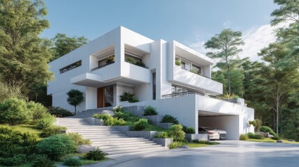 Fototapeta premium Modern architectural design of a luxurious house surrounded by greenery under clear blue sky showcasing elegance and sophisticated lifestyle