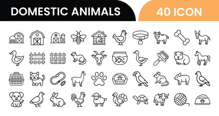 Collection of forty domestic animal icons in simple line art style