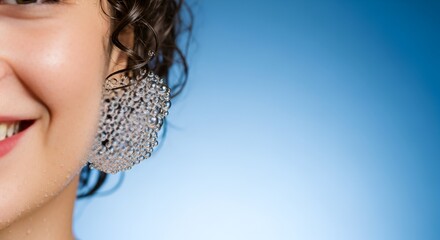 Close-up on a smiling face with wet skin and hair, adorned with a cluster of glistening soap