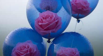 Delicate pink roses bloom within translucent blue balloons adorned with glistening water droplets,