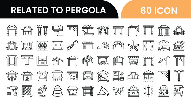 Collection of sixty icons related to pergola structures and outdoor decor