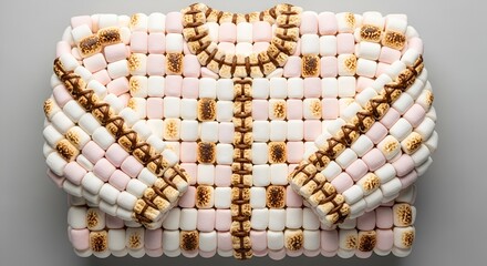 Whimsical handbag sculpture meticulously crafted from a textured mosaic of soft pink and white