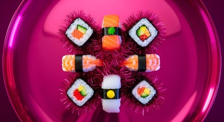 Artfully arranged assorted sushi pieces, including nigiri and maki rolls, are presented on a
