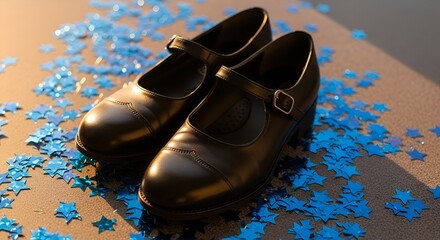 Classic black Mary Jane shoes adorned with a buckle sit amongst a scattering of shimmering blue