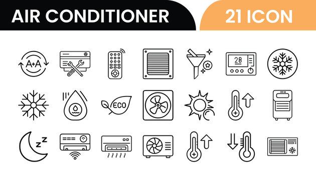 Air Conditioner icons set with 21 different symbols and graphics