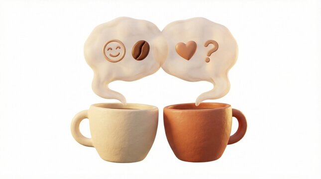 Smiling coffee cups with chat bubbles cute drink icon