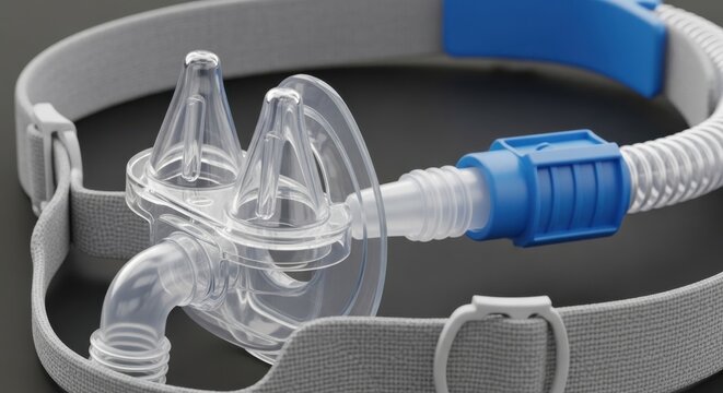 CPAP Nasal Pillow Mask providing sleep apnea therapy, captured in a close-up studio shot. Essential respiratory medical equipment for healthcare innovation.