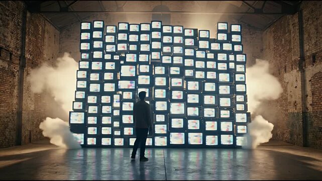 Man standing before massive wall of stacked vintage television screens
