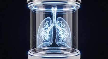 Digital Lungs Hologram Floating in a Sci-Fi Bioreactor Pod, symbolizing Advanced Biotechnology and Futuristic Healthcare Research.