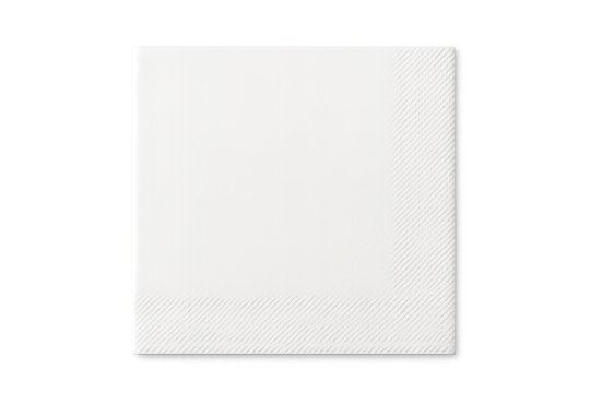 Crisp white paper cocktail napkin with embossed textured border and square shape on a clean transparent background