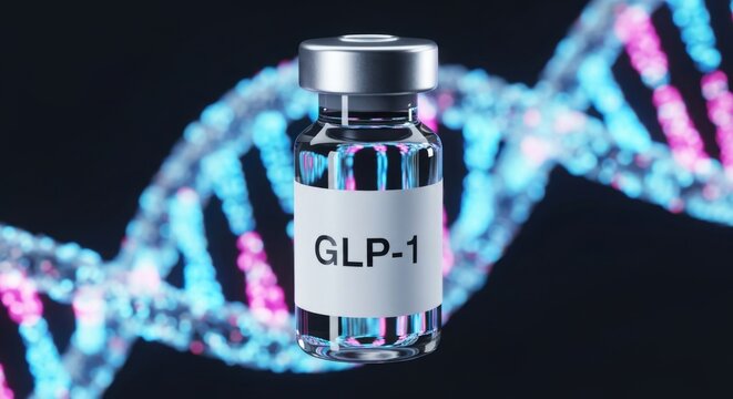 GLP-1 Drug Vial Showing Advanced Hormonal Treatment against DNA Structure. Biotechnology concept for diabetes and obesity pharmaceutical sales.