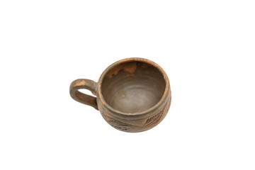 Rustic Handcrafted Clay Cup with Handle and Engraved Patterns on Transparent Background: A...