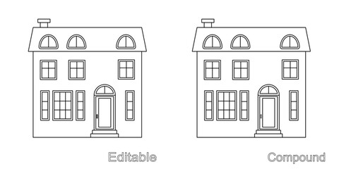 Fototapeta premium Country house on a white background. Editable and compound outline drawing, isolated. Linear icon, vector illustration. Template for coloring page.