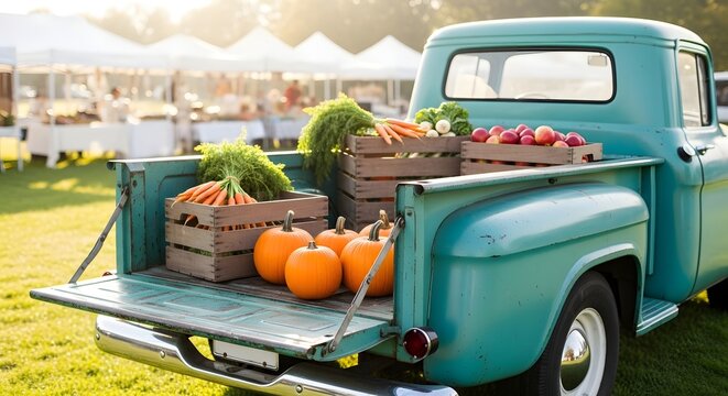 An old farmer's teal truck loaded with fresh pumpkins, carrots, and apples at a sunny outdoor farmers market concept, showcasing autumn harvest