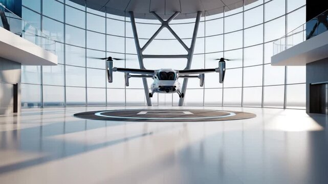 Futuristic Drone Showcased in Modern, Spacious Interior with Large Windows, Emphasizing Innovation and Technology in Design