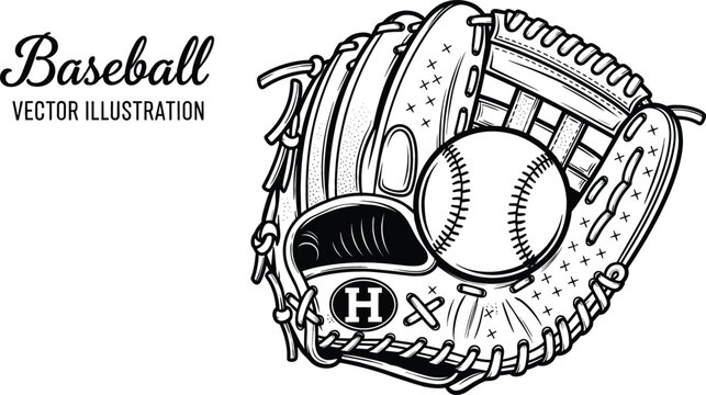 Vintage baseball glove and ball illustration with detailed leather stitching for sports equipment branding and athletic league vector