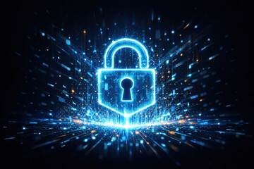 Glowing neon digital lock symbolizes futuristic security and data protection. This technology concept offers feeling of safety against cyber threats on dark background
